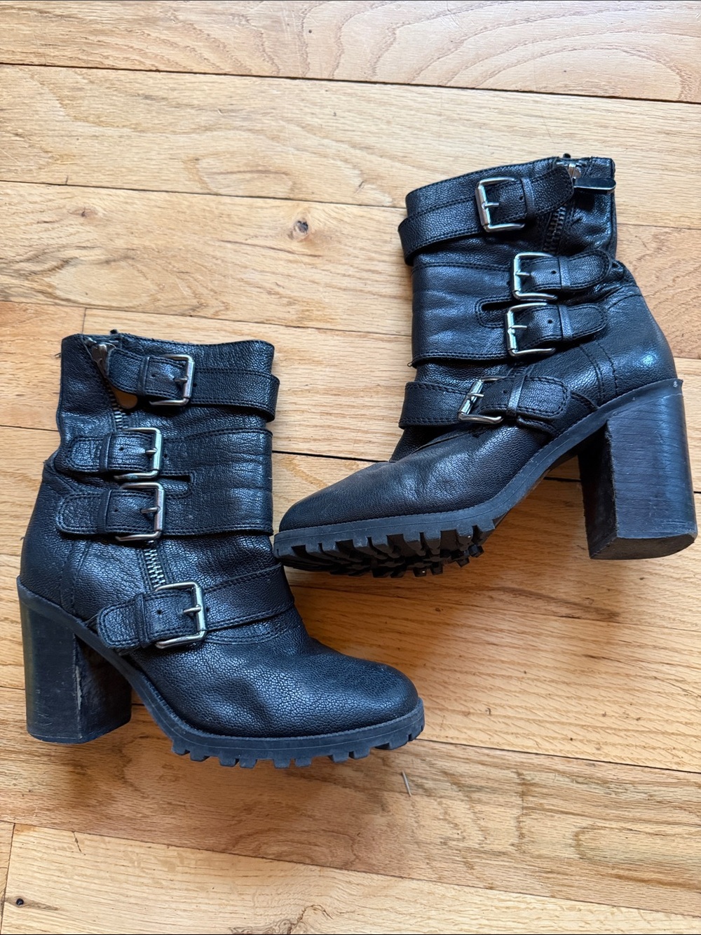 Aldo Black Buckle Strap Chunky-Heel Ankle Boots
